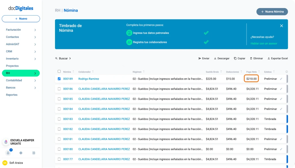 Listado de nóminas en un sistema de administración centralizada para Pymes