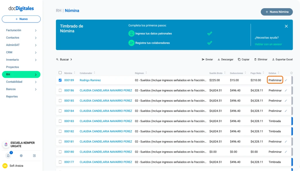 Listado de nóminas en un sistema de administración centralizada para Pymes