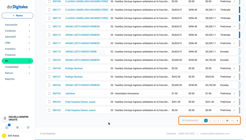 Listado de nóminas en un sistema de administración centralizada para Pymes