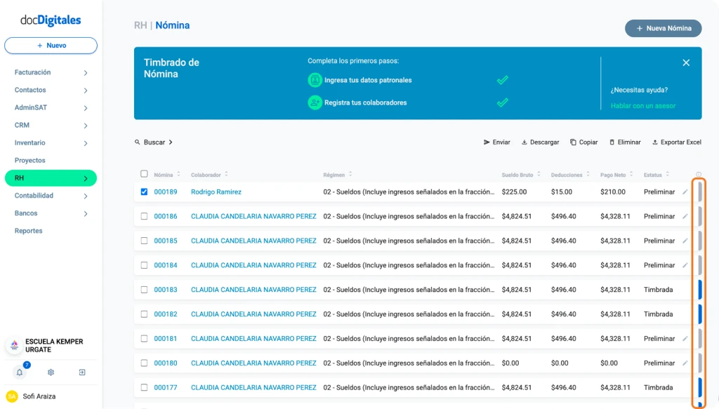 Estatus de las nóminas en docDigitales un sistema de administración para pymes