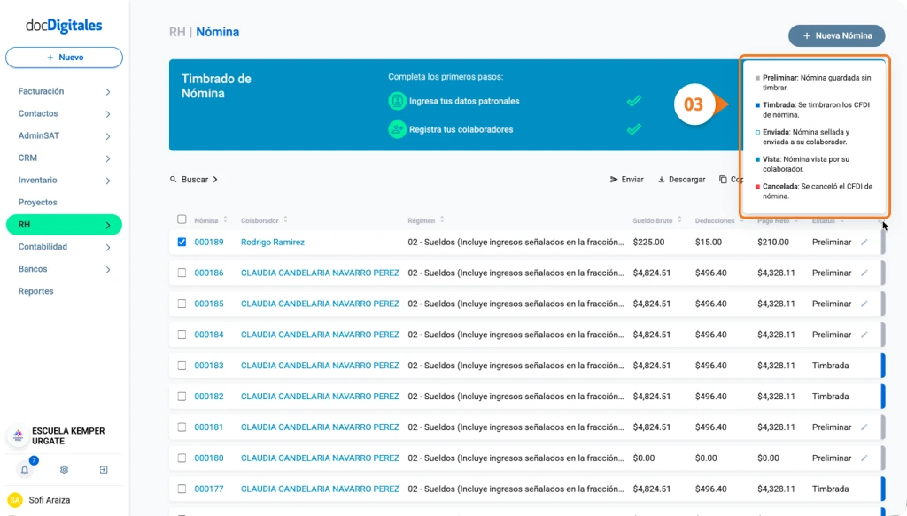 Estatus de las nóminas en docDigitales un sistema de administración para pymes