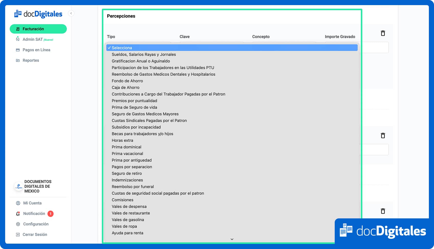 captura de pantalla de docDigitales en línea en ‟Agregar Staff” > ‟Percepciones”