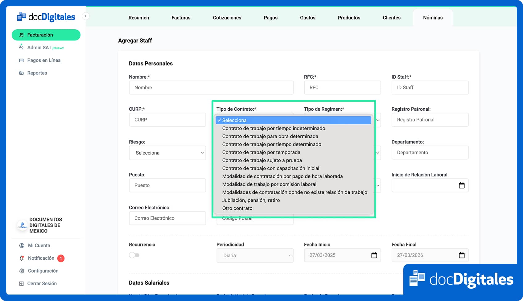 captura de pantalla de docDigitales en línea en ‟Agregar Staff” > ‟Tipo de contrato