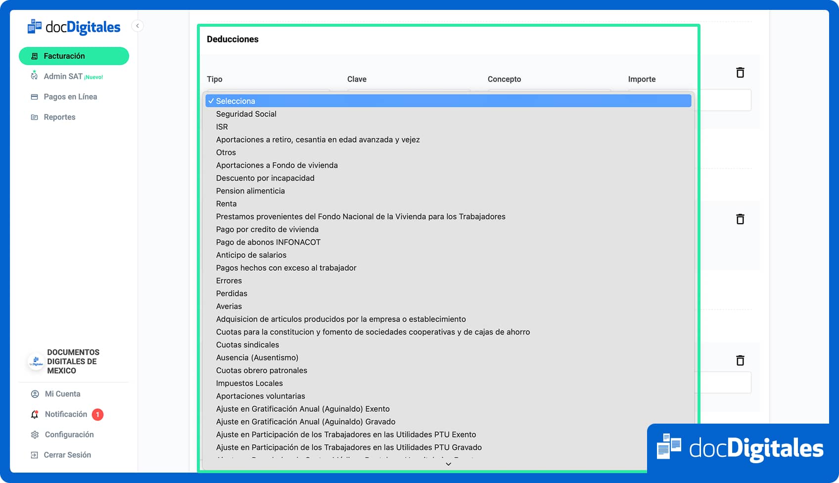 captura de pantalla de docDigitales en línea en ‟Subsidio al Empleo” > ‟Deducciones”