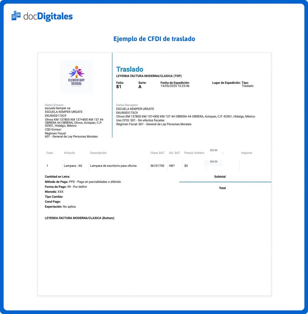 cfdi de traslado ejemplo