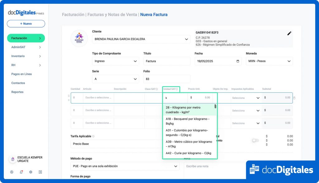 unidad de medida SAT en docDigitales